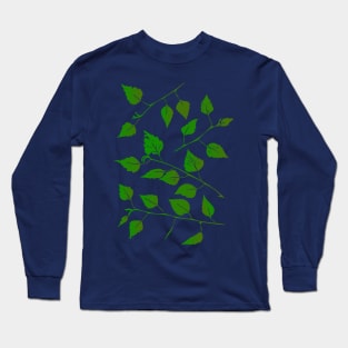 Birch Tree Leaf and Stem Forest Pattern (on navy) Long Sleeve T-Shirt